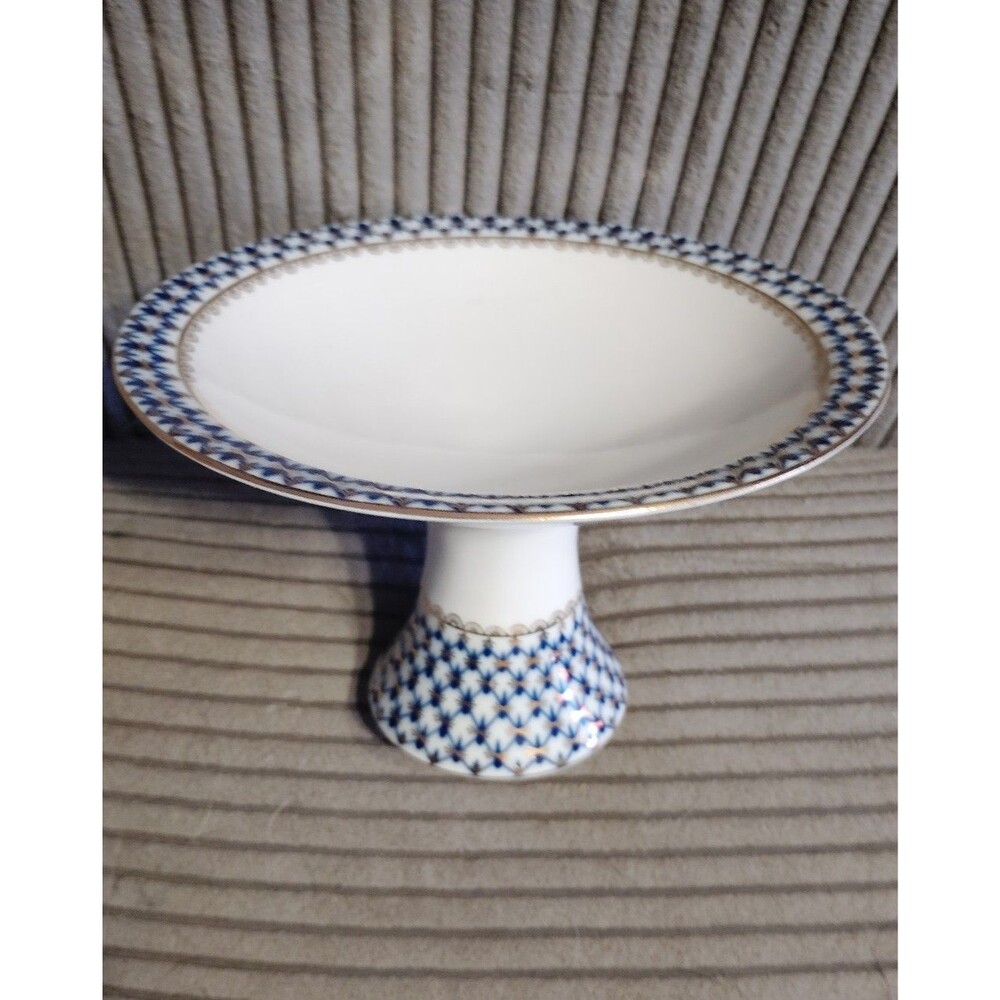 Russian Imperial Porcelain Lomonosov Cobalt Net 7” Candy Dish Pedestal